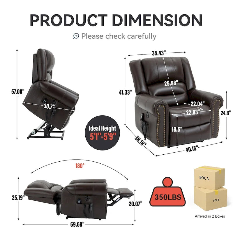 Brown Genuine Leather Power Lift Recliner Chair with Dual Motor, Heat Massage, USB Ports, and Infinite Recline
