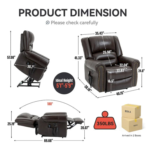 Brown Genuine Leather Power Lift Recliner Chair with Dual Motor and Massage