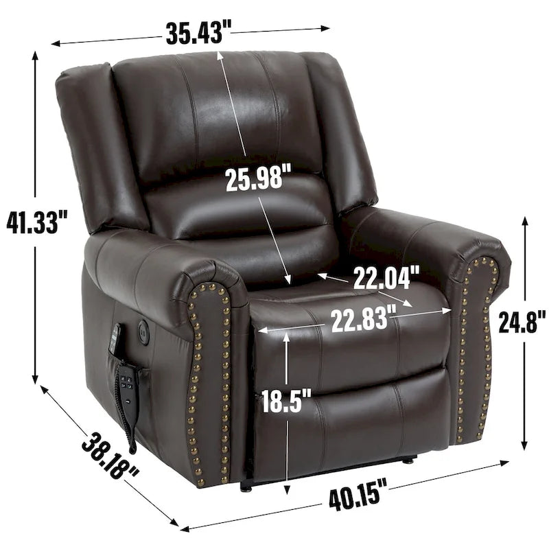 Brown Genuine Leather Power Lift Recliner Chair with Dual Motor, Heat Massage, USB Ports, and Infinite Recline