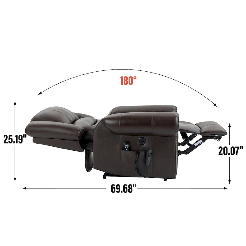 Brown Genuine Leather Power Lift Recliner Chair with Dual Motor, Heat Massage, USB Ports, and Infinite Recline