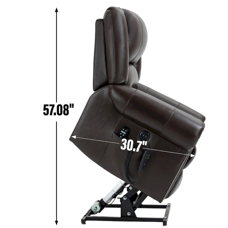 Brown Genuine Leather Power Lift Recliner Chair with Dual Motor, Heat Massage, USB Ports, and Infinite Recline