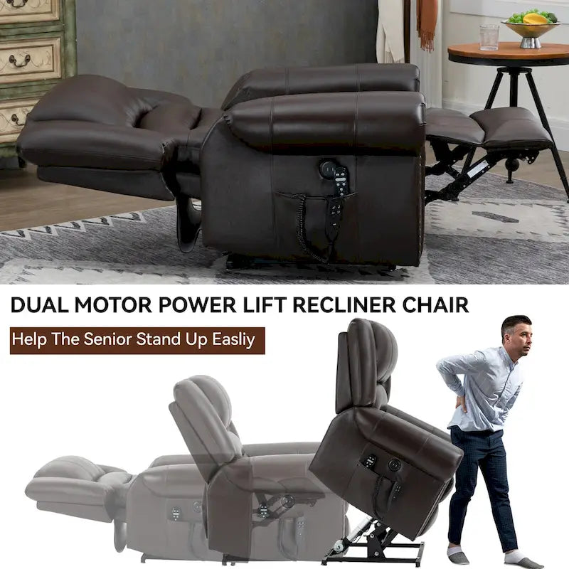 Brown Genuine Leather Power Lift Recliner Chair with Dual Motor, Heat Massage, USB Ports, and Infinite Recline