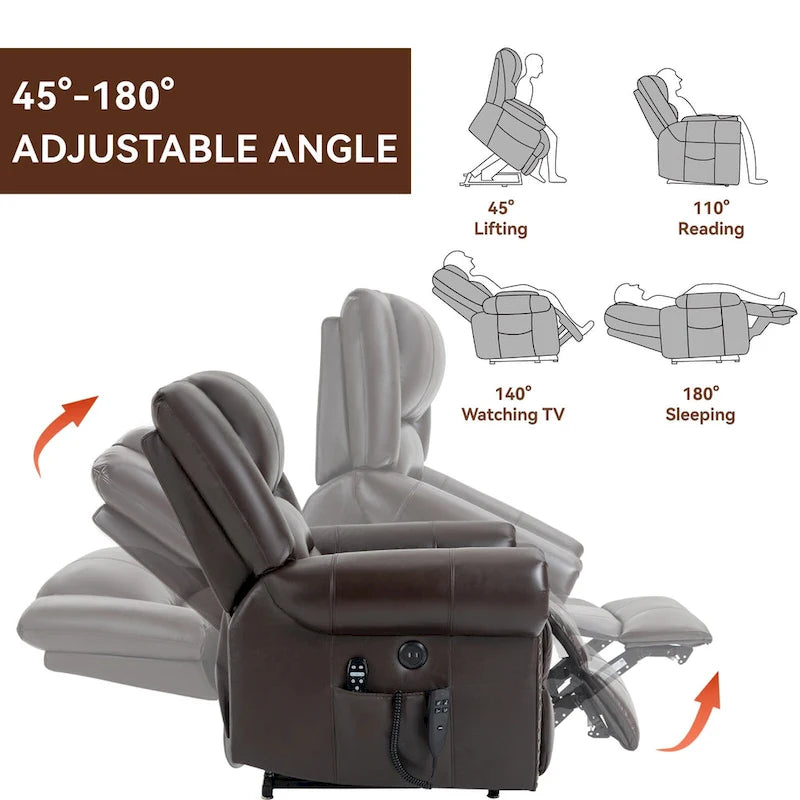 Brown Genuine Leather Power Lift Recliner Chair with Dual Motor, Heat Massage, USB Ports, and Infinite Recline