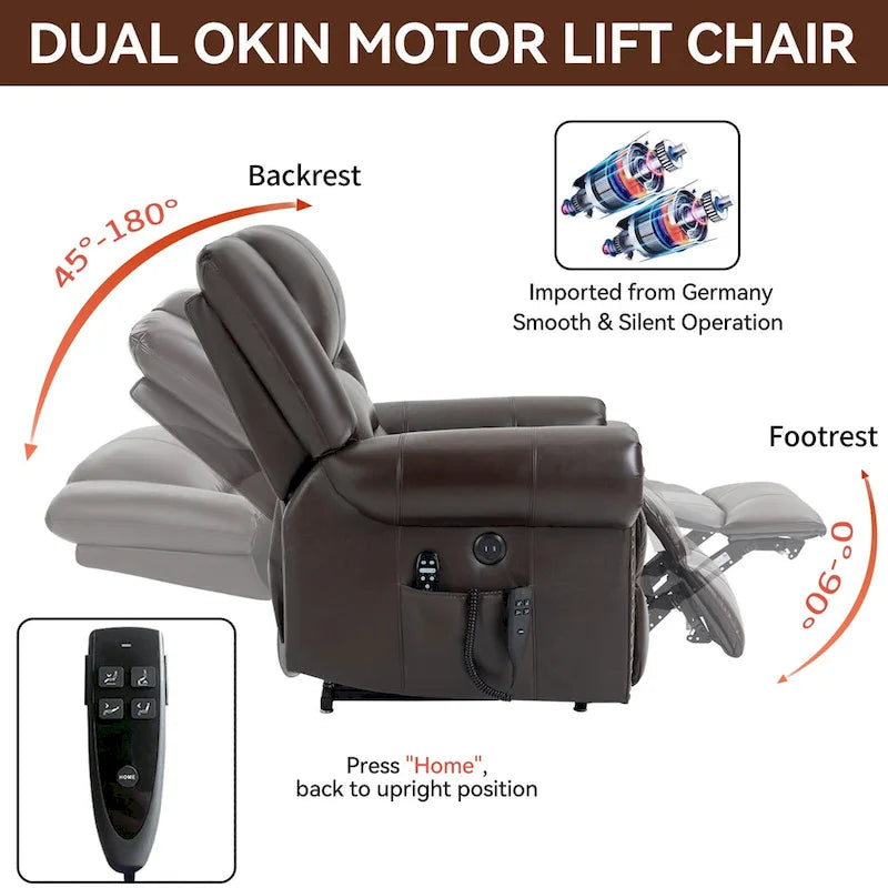 Brown Genuine Leather Power Lift Recliner Chair with Dual Motor, Heat Massage, USB Ports, and Infinite Recline