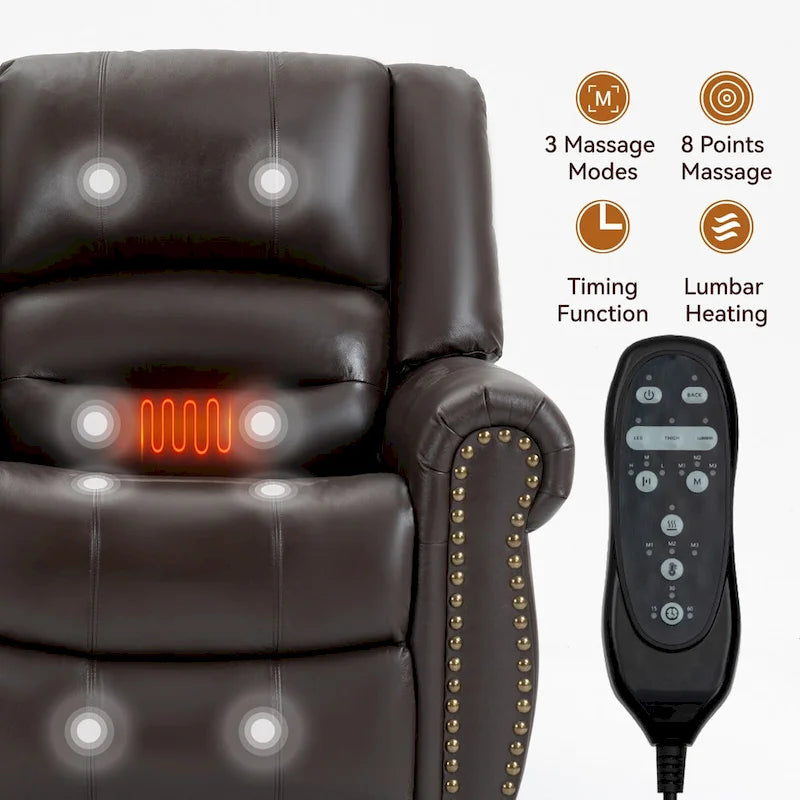 Brown Genuine Leather Power Lift Recliner Chair with Dual Motor, Heat Massage, USB Ports, and Infinite Recline