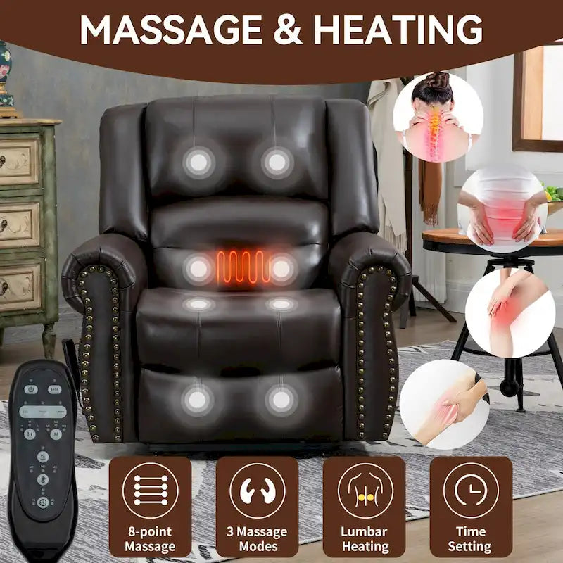 Brown Genuine Leather Power Lift Recliner Chair with Dual Motor, Heat Massage, USB Ports, and Infinite Recline