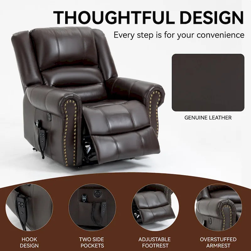 Brown Genuine Leather Power Lift Recliner Chair with Dual Motor, Heat Massage, USB Ports, and Infinite Recline