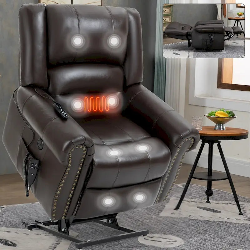 Brown Genuine Leather Power Lift Recliner Chair with Dual Motor, Heat Massage, USB Ports, and Infinite Recline