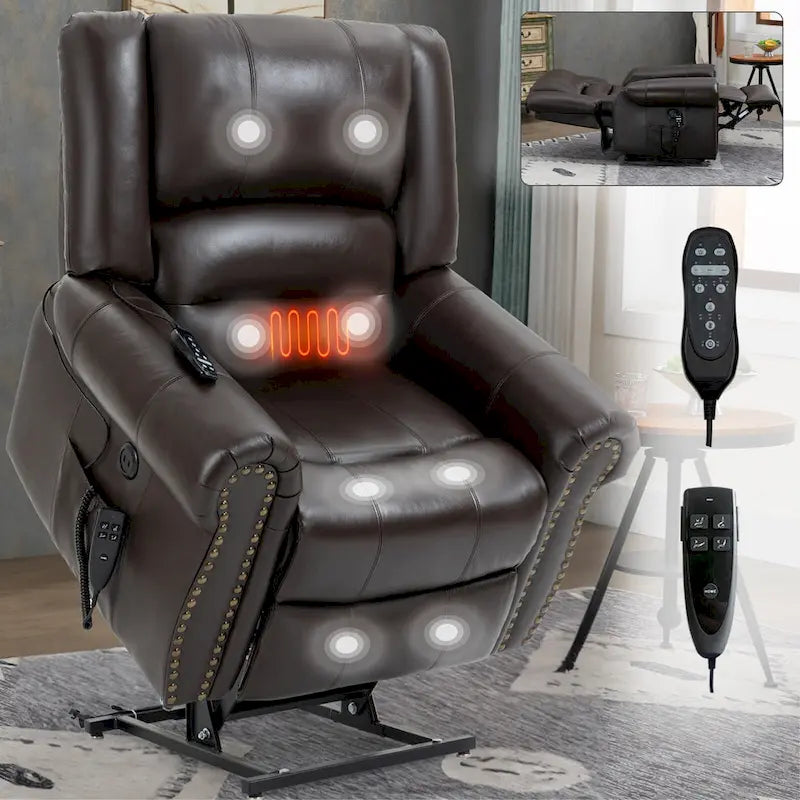 Brown Genuine Leather Power Lift Recliner Chair with Dual Motor, Heat Massage, USB Ports, and Infinite Recline