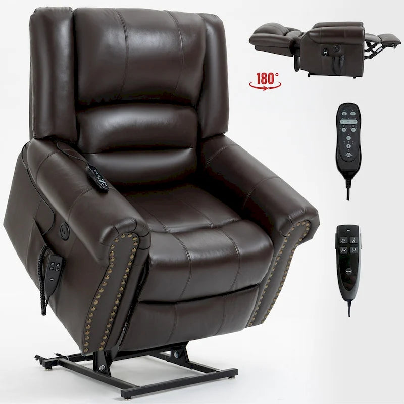 Brown Genuine Leather Power Lift Recliner Chair with Dual Motor, Heat Massage, USB Ports, and Infinite Recline