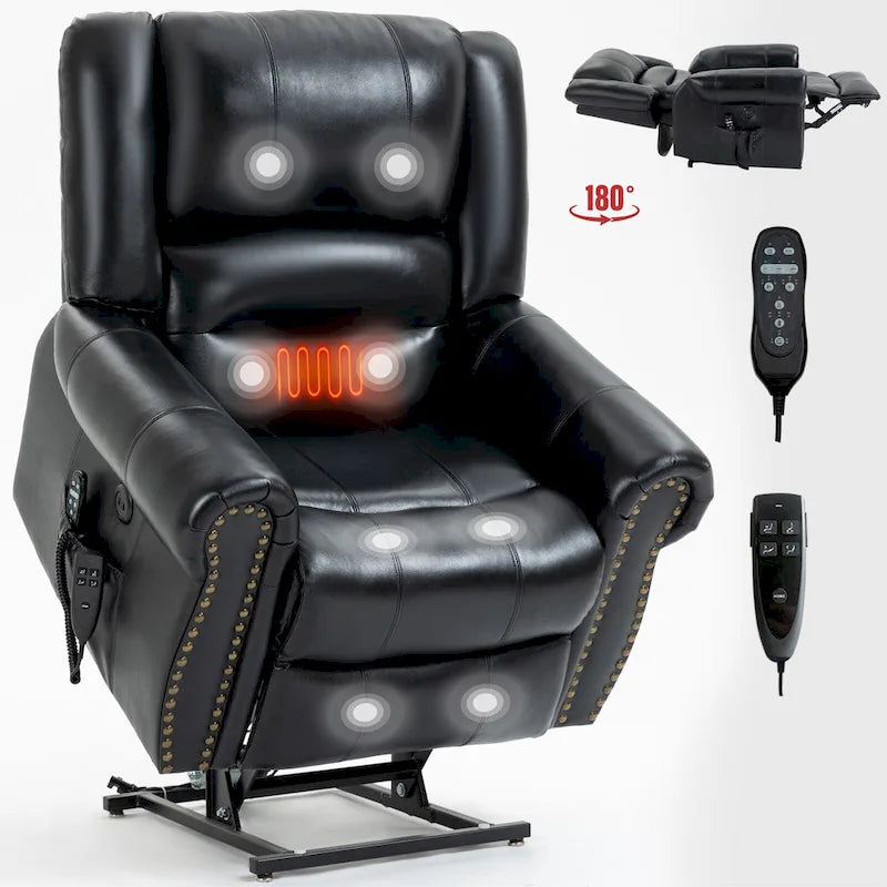 Brown Genuine Leather Power Lift Recliner Chair with Dual Motor, Heat Massage, USB Ports, and Infinite Recline