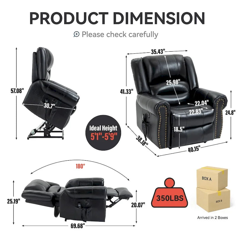 Brown Genuine Leather Power Lift Recliner Chair with Dual Motor, Heat Massage, USB Ports, and Infinite Recline