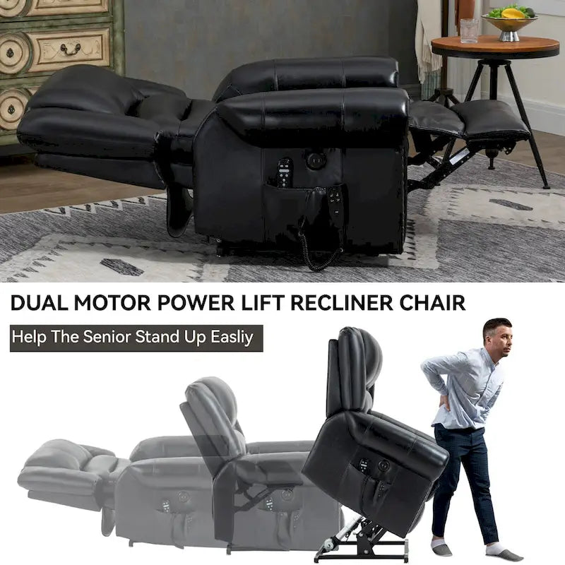 Brown Genuine Leather Power Lift Recliner Chair with Dual Motor, Heat Massage, USB Ports, and Infinite Recline