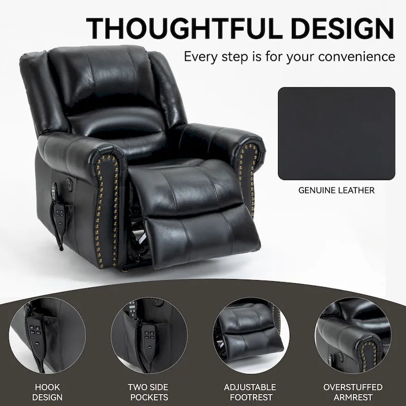 Brown Genuine Leather Power Lift Recliner Chair with Dual Motor, Heat Massage, USB Ports, and Infinite Recline