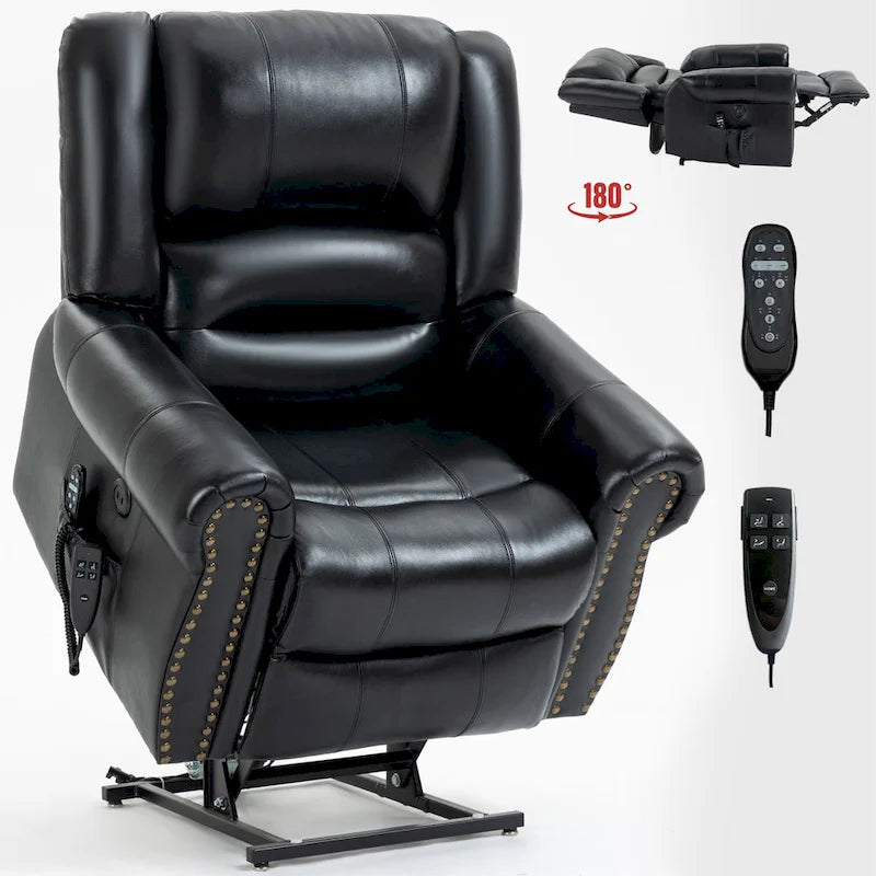 Brown Genuine Leather Power Lift Recliner Chair with Dual Motor, Heat Massage, USB Ports, and Infinite Recline