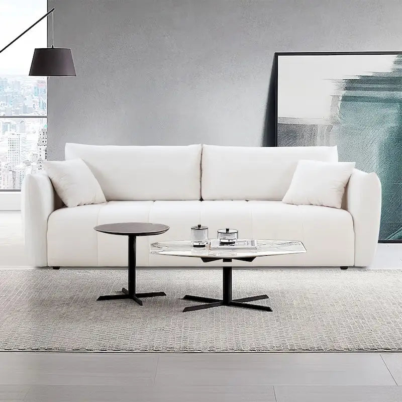 Mid-Century Modern 3 Seater Fabric Sofa with Coil Spring Cushions and Two Pillows