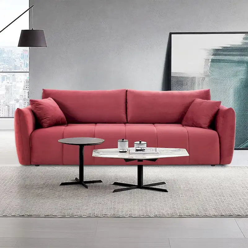 Mid-Century Modern 3 Seater Fabric Sofa with Coil Spring Cushions and Two Pillows