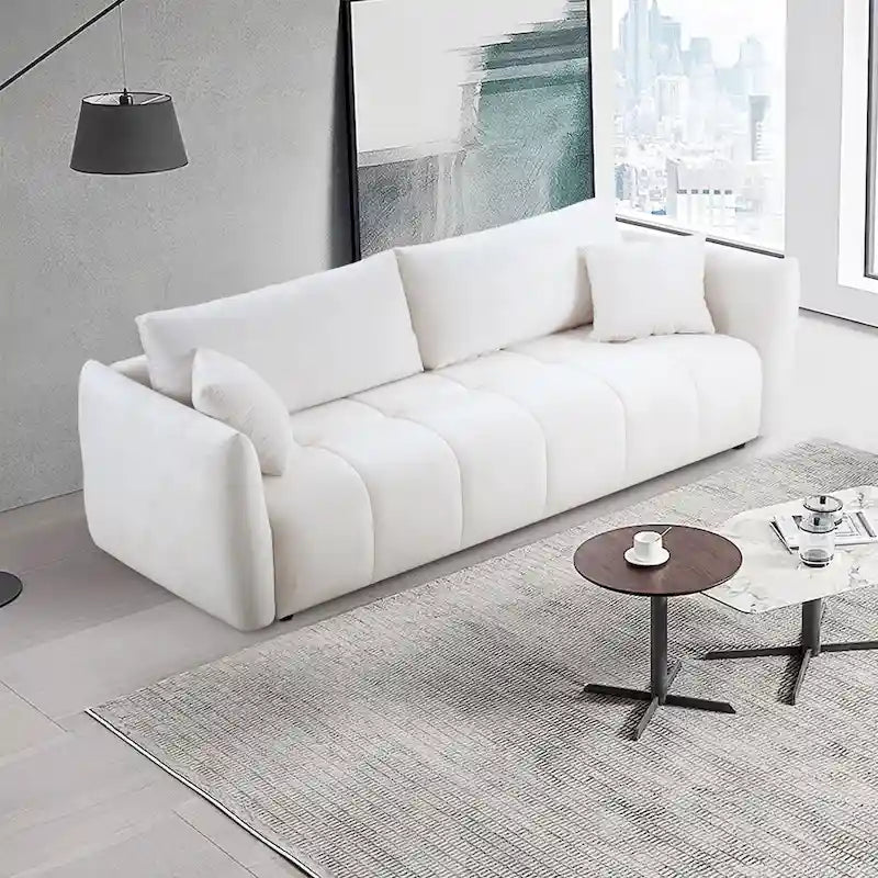 Mid-Century Modern 3 Seater Fabric Sofa with Coil Spring Cushions and Two Pillows