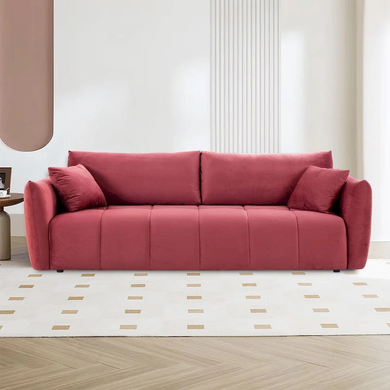 Mid-Century Modern 3 Seater Fabric Sofa with Coil Spring Cushions and Two Pillows