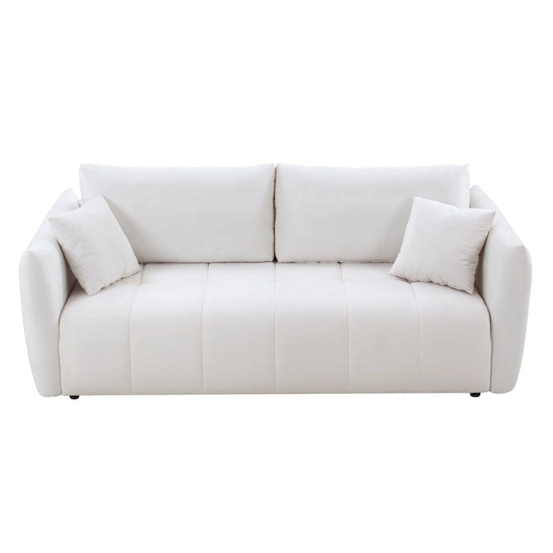 Mid-Century Modern 3 Seater Fabric Sofa with Coil Spring Cushions and Two Pillows