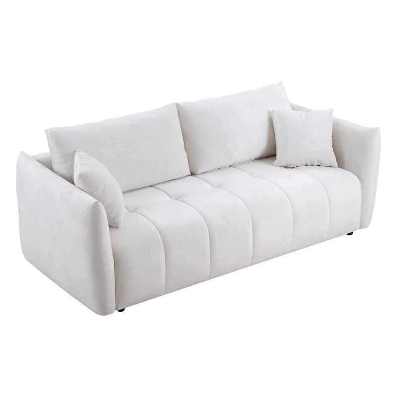 Mid-Century Modern 3 Seater Fabric Sofa with Coil Spring Cushions and Two Pillows
