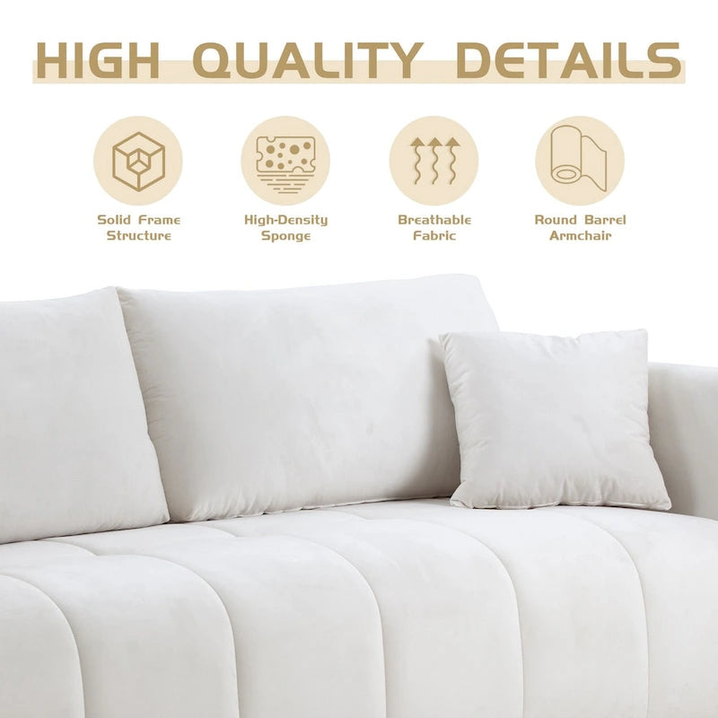 Mid-Century Modern 3 Seater Fabric Sofa with Coil Spring Cushions and Two Pillows