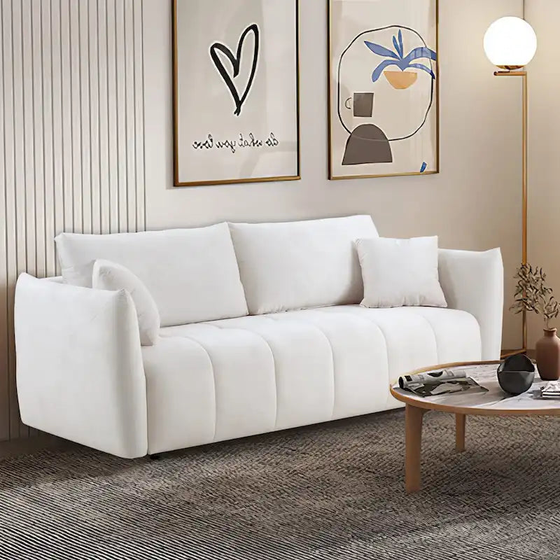 Mid-Century Modern 3 Seater Fabric Sofa with Coil Spring Cushions and Two Pillows