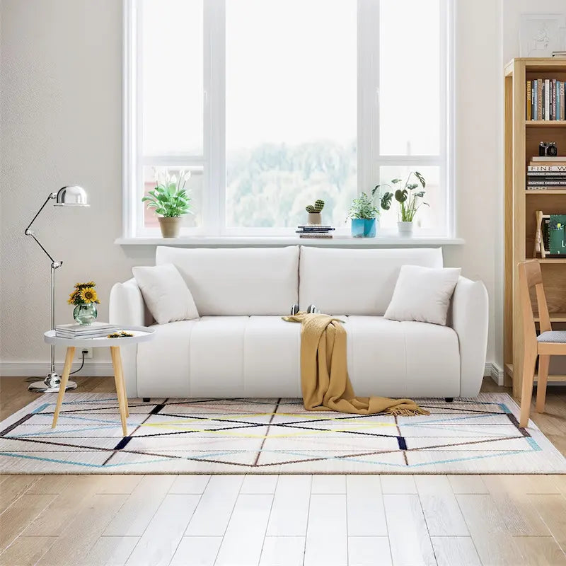 Mid-Century Modern 3 Seater Fabric Sofa with Coil Spring Cushions and Two Pillows