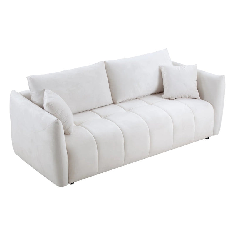 Mid-Century Modern 3 Seater Fabric Sofa with Coil Spring Cushions and Two Pillows