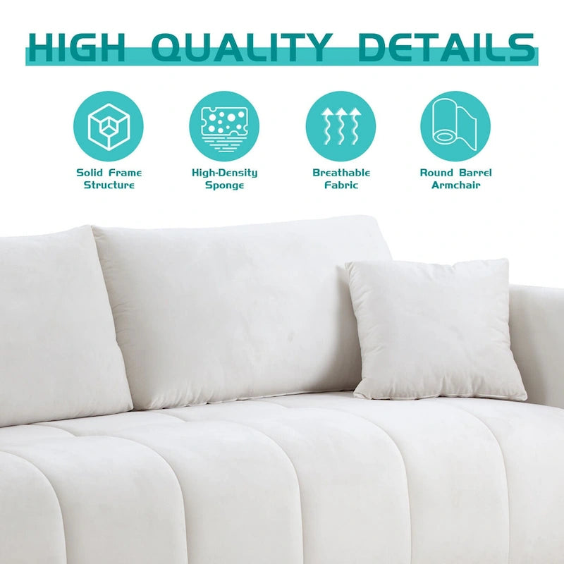Mid-Century Modern 3 Seater Fabric Sofa with Coil Spring Cushions and Two Pillows