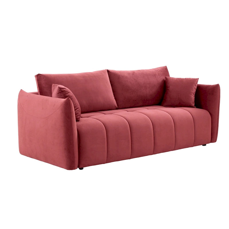 Mid-Century Modern 3 Seater Fabric Sofa with Coil Spring Cushions and Two Pillows