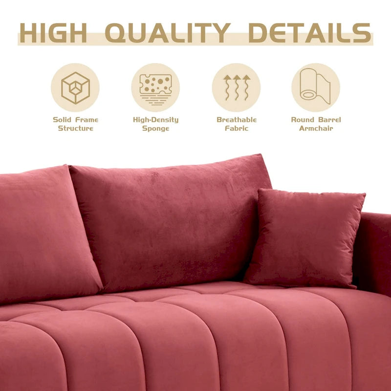 Mid-Century Modern 3 Seater Fabric Sofa with Coil Spring Cushions and Two Pillows