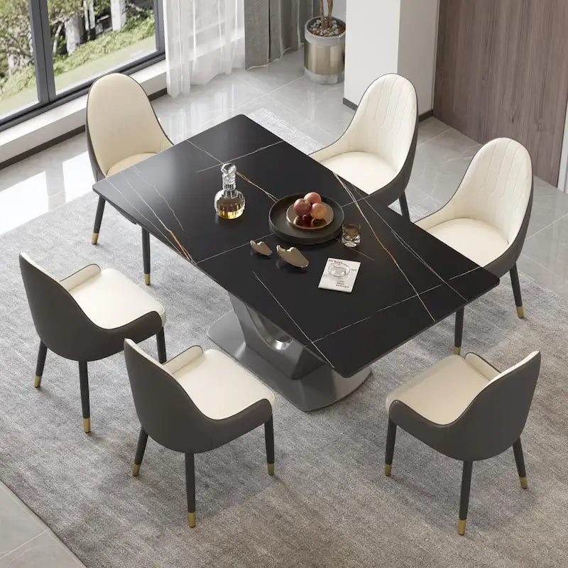 Sintered Stone Rectangle Dining Table with Stainless Steel V-Shape Pedestal