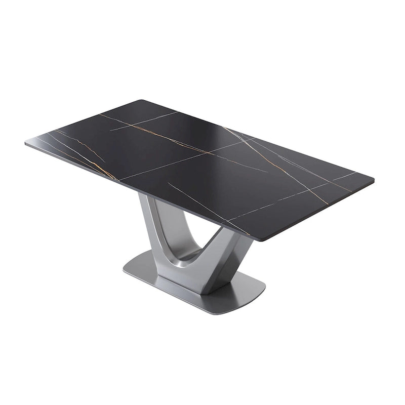 Sintered Stone Rectangle Dining Table with Stainless Steel V-Shape Pedestal