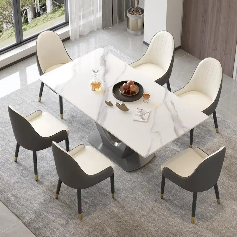 Sintered Stone Rectangle Dining Table with Stainless Steel V-Shape Pedestal