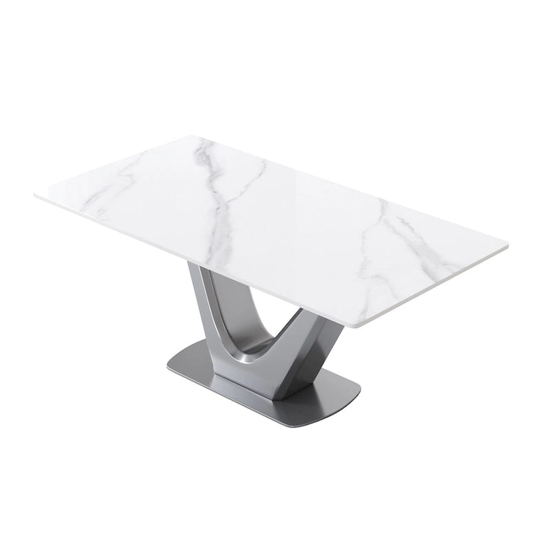 Sintered Stone Rectangle Dining Table with Stainless Steel V-Shape Pedestal