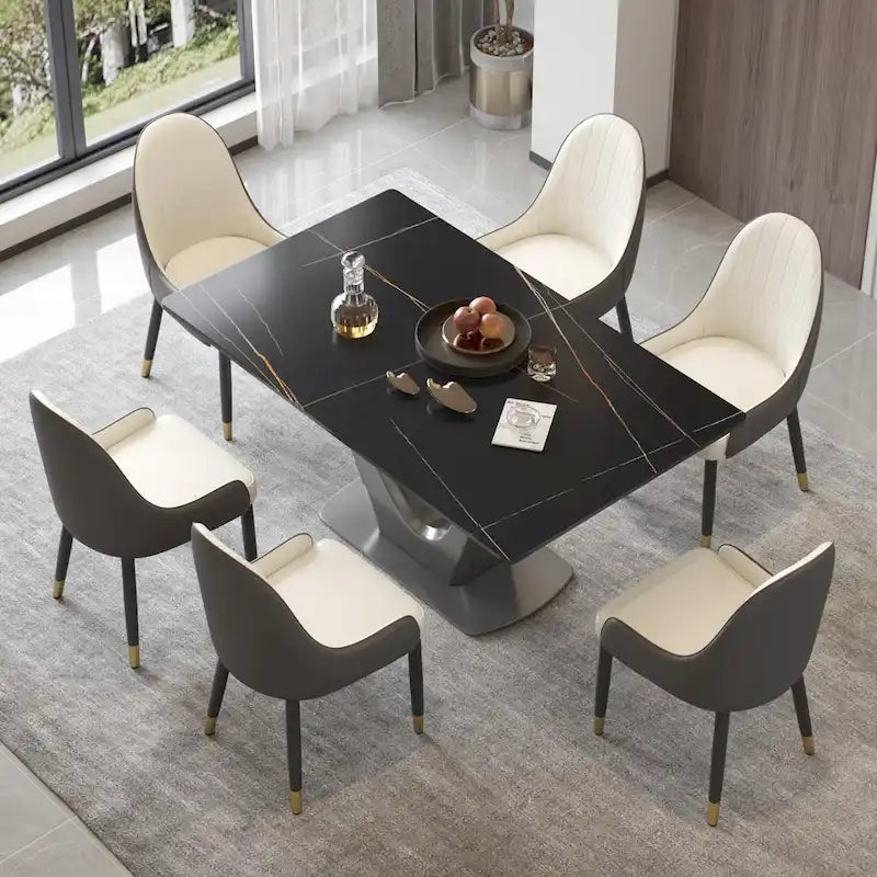 Sintered Stone Rectangle Dining Table with Stainless Steel V-Shape Pedestal