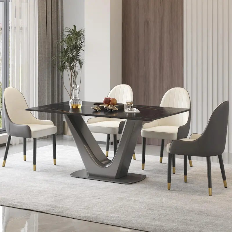 Sintered Stone Rectangle Dining Table with Stainless Steel V-Shape Pedestal