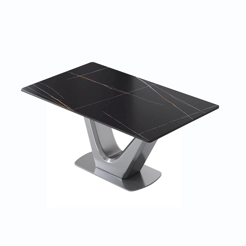 Sintered Stone Rectangle Dining Table with Stainless Steel V-Shape Pedestal