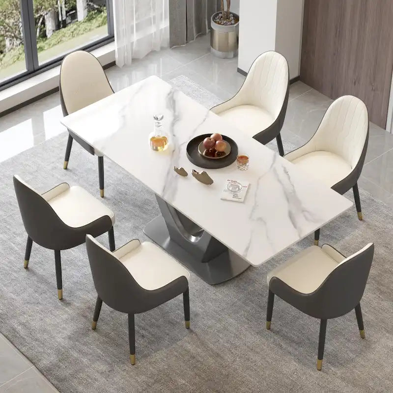Sintered Stone Rectangle Dining Table with Stainless Steel V-Shape Pedestal