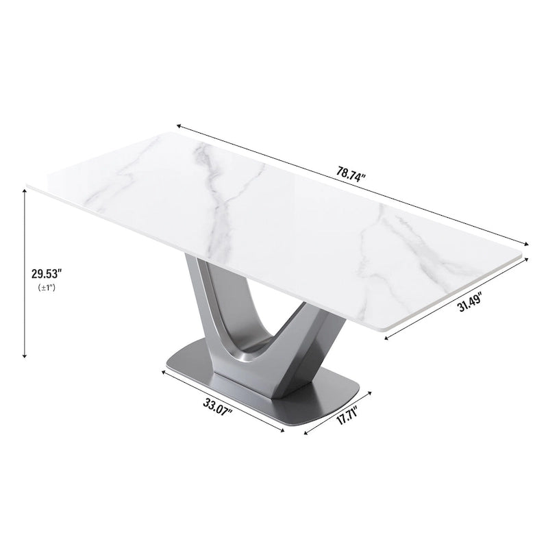 Sintered Stone Rectangle Dining Table with Stainless Steel V-Shape Pedestal