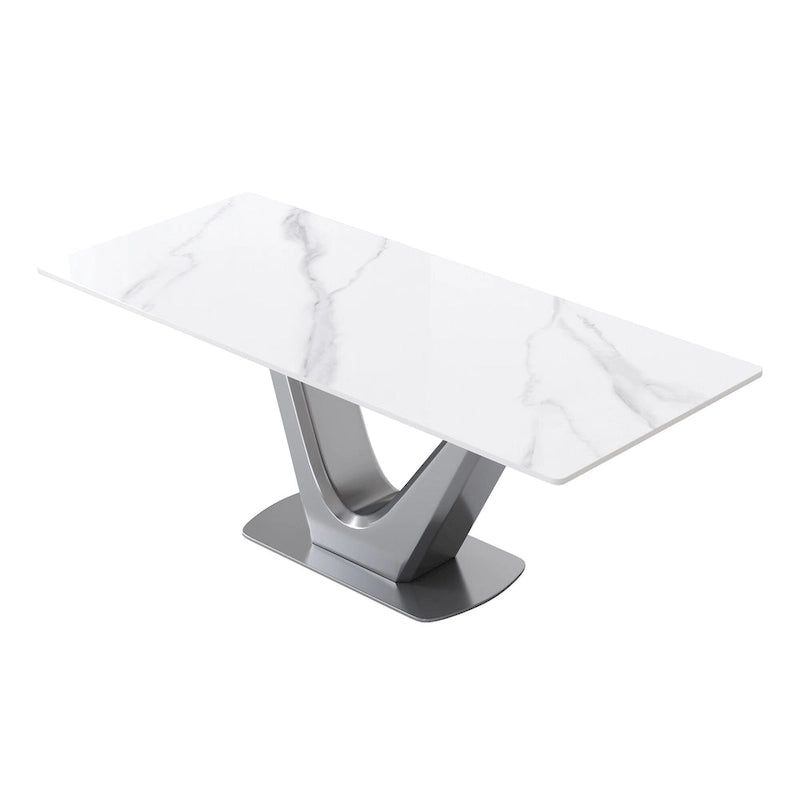Sintered Stone Rectangle Dining Table with Stainless Steel V-Shape Pedestal