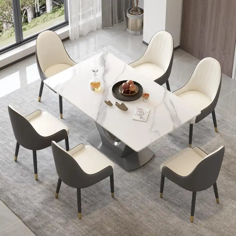 Sintered Stone Rectangle Dining Table with Stainless Steel V-Shape Pedestal