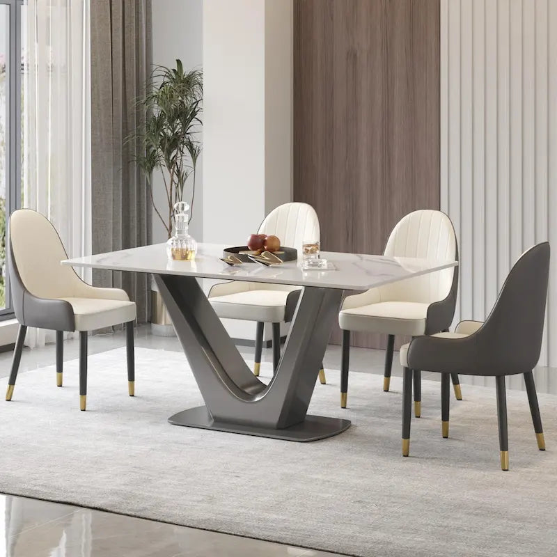 Sintered Stone Rectangle Dining Table with Stainless Steel V-Shape Pedestal