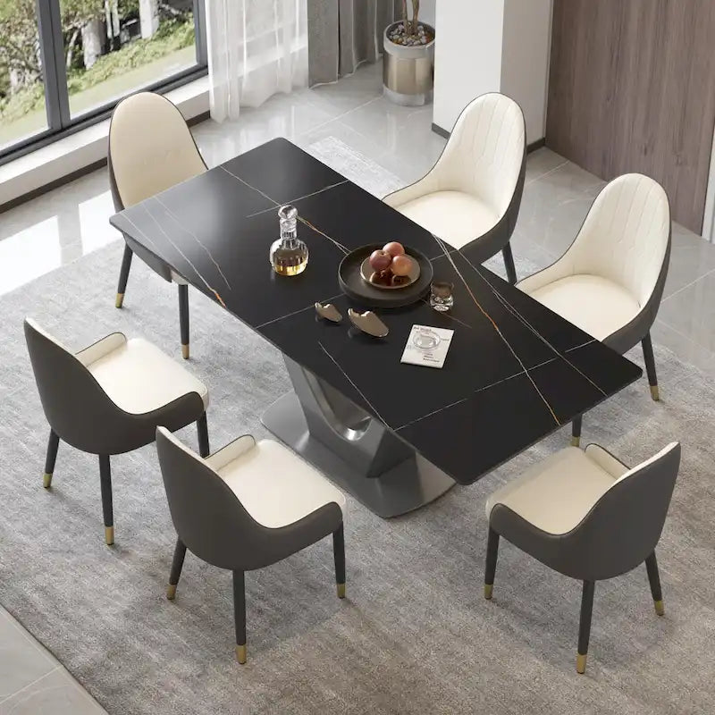 Sintered Stone Rectangle Dining Table with Stainless Steel V-Shape Pedestal