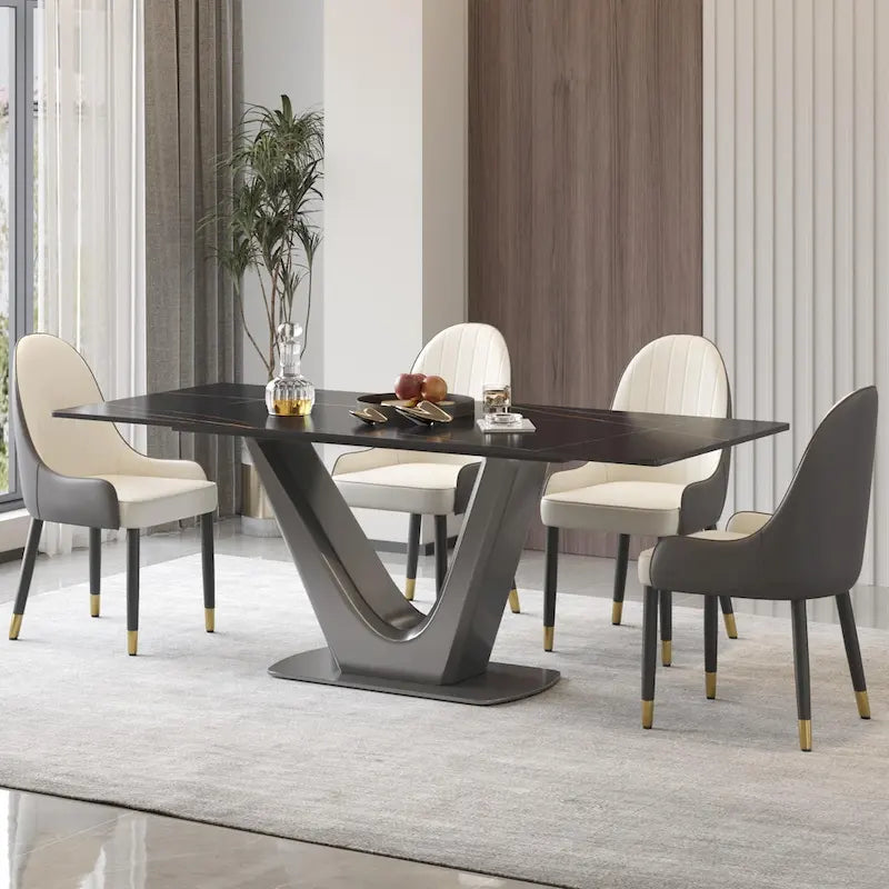 Sintered Stone Rectangle Dining Table with Stainless Steel V-Shape Pedestal