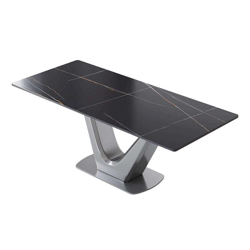 Sintered Stone Rectangle Dining Table with Stainless Steel V-Shape Pedestal