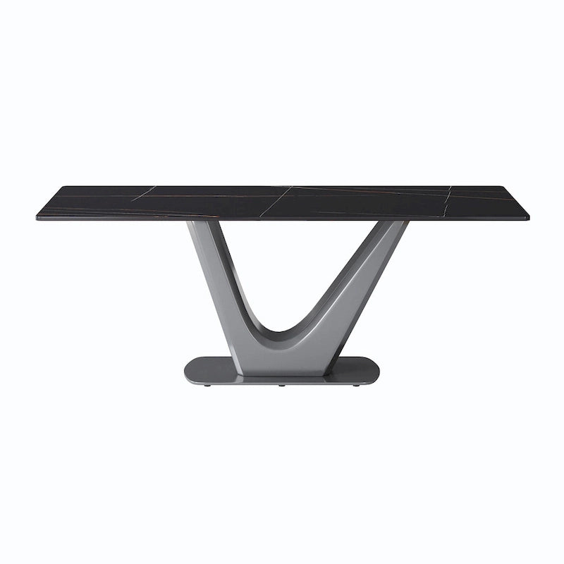 Sintered Stone Rectangle Dining Table with Stainless Steel V-Shape Pedestal