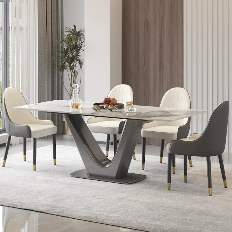 Sintered Stone Rectangle Dining Table with Stainless Steel V-Shape Pedestal