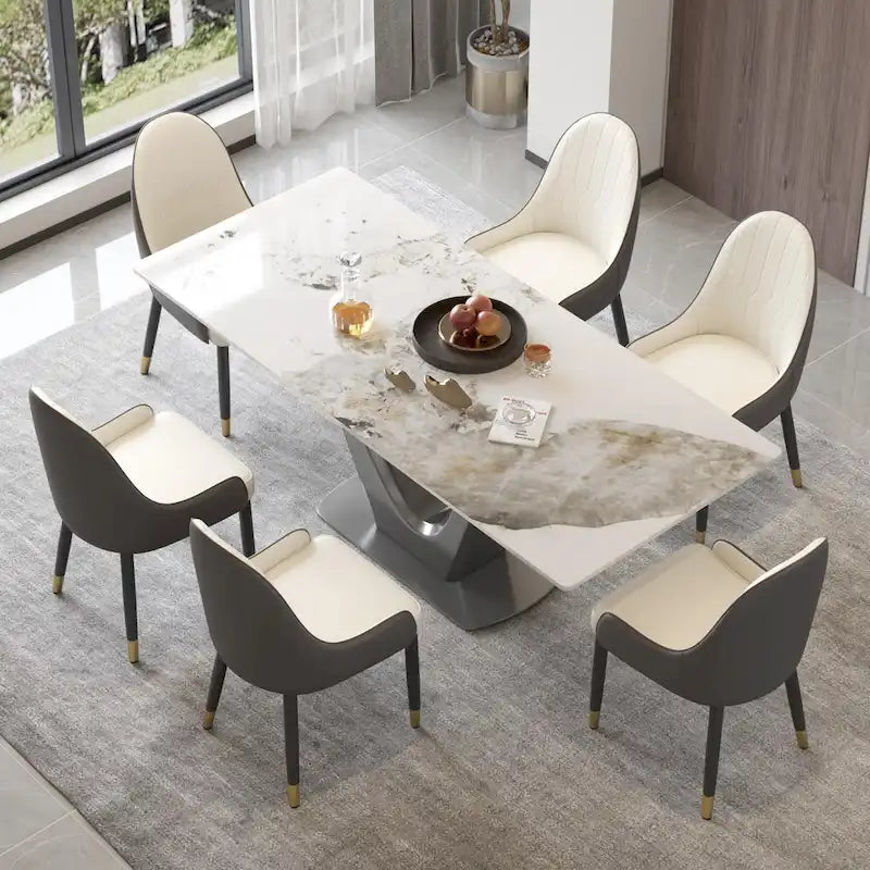 Sintered Stone Rectangle Dining Table with Stainless Steel V-Shape Pedestal